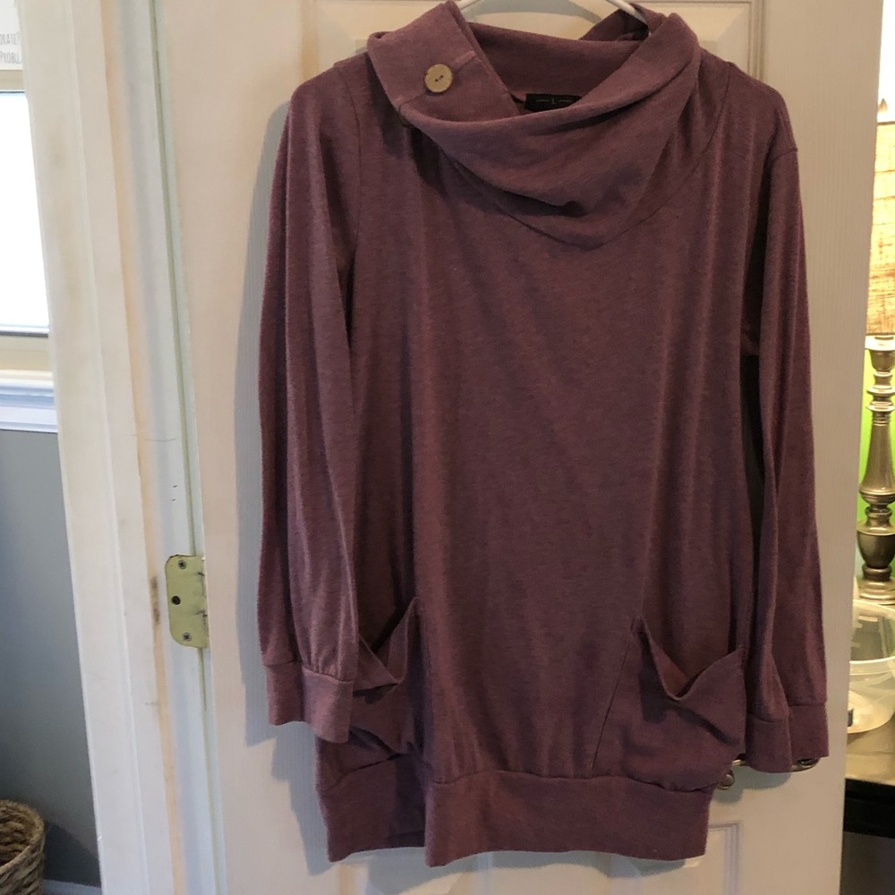 Cowl Neck Sweater with wooden button detail.